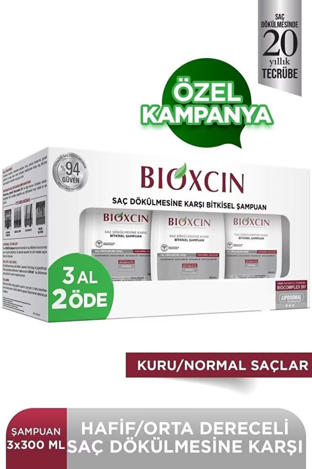 Bioxcin Klasik Bitkisel Kuru ve Normal Saçlar için Dökülme Karşıtı Şampuan 3x300 ml - 1