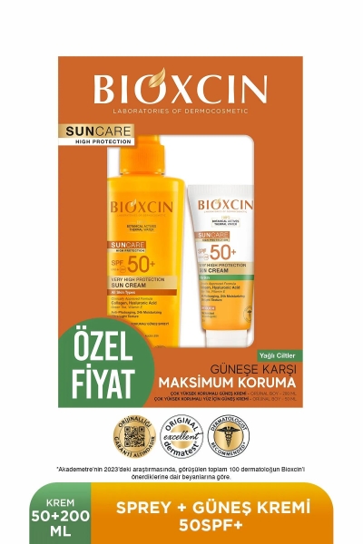 Bioxcin Spf 50+ Yağlı Ciltler İçin Güneş Kremi 50 ml + Tüm Ciltler İçin Güneş Spreyi 200 ml Set - 1